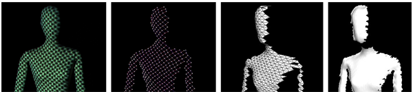 3次元位置を計算した結果（左から入力画像，線検出結果，交点の形状，密な形状）